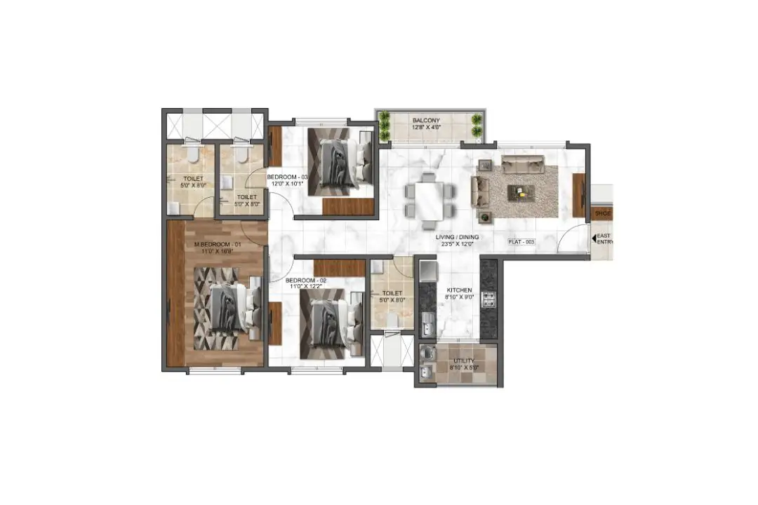 3 BHK Large floor plan, 1786 to 1823 sq ft