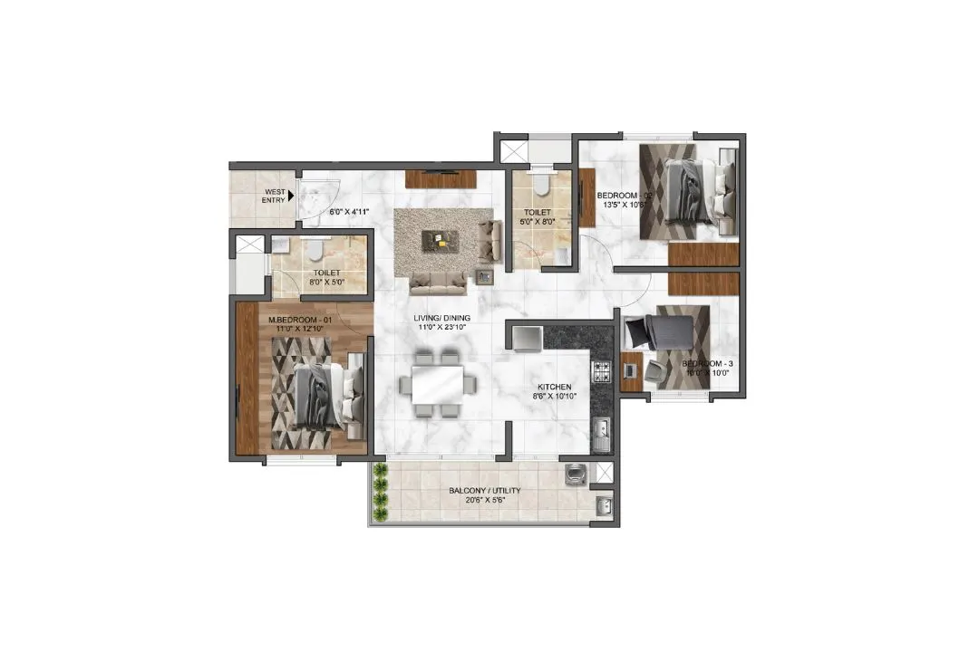3 BHK Compact floor plan, 1482 sq ft